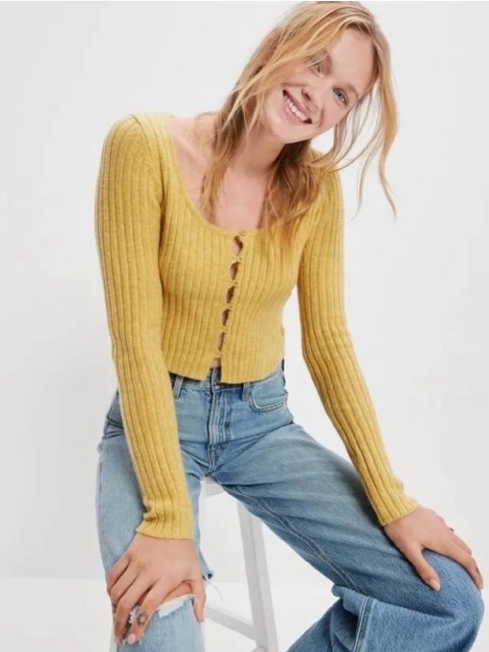American Eagle Outfitters Yellow Ribbed Button-Front Cropped Sweater Sz L